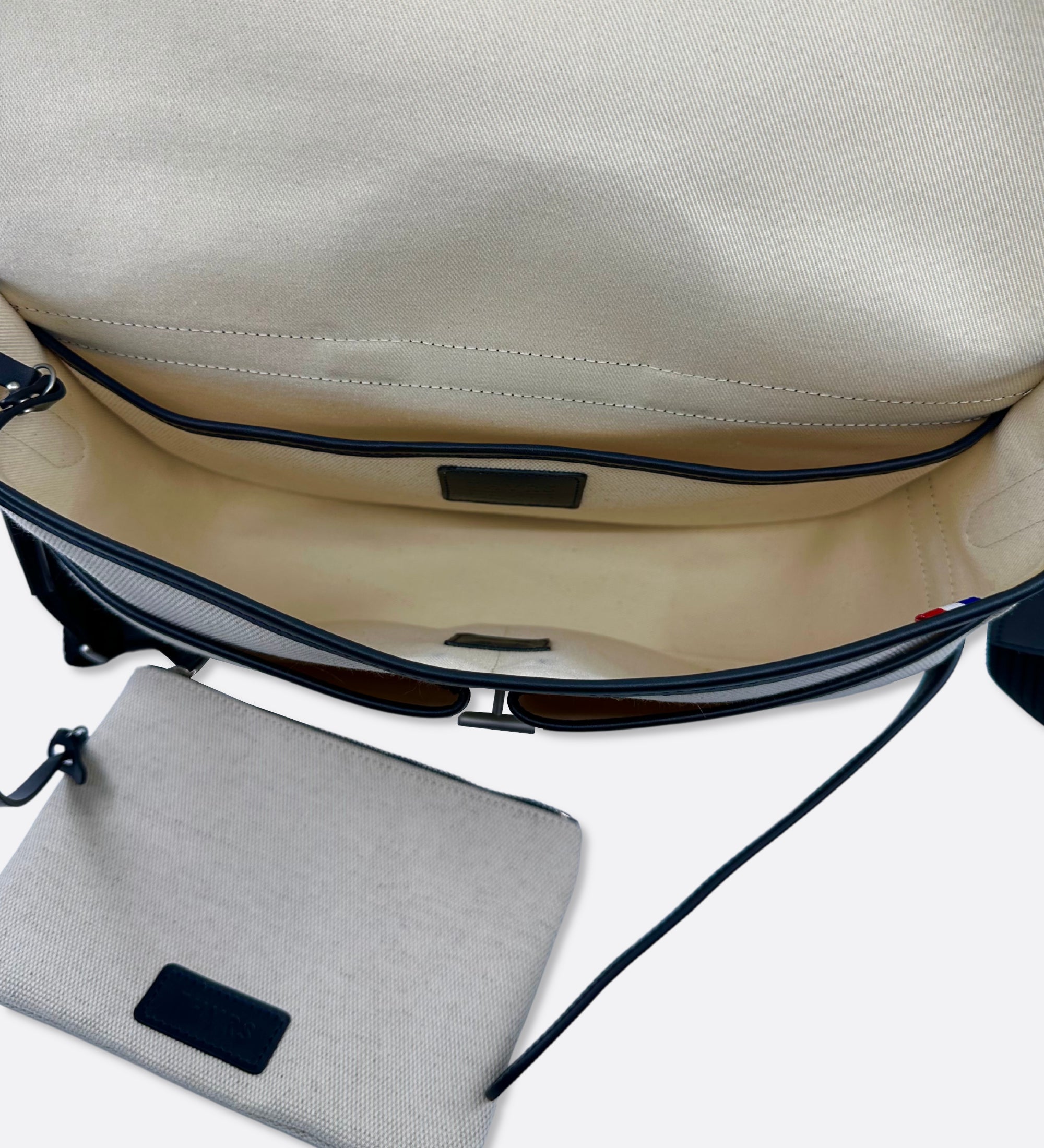 Besace en tissu natté écru et cuir marine, THYRS