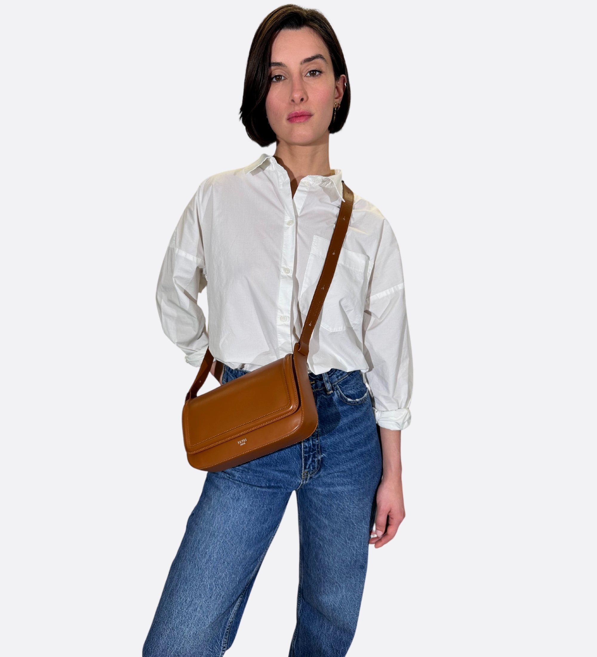 Sac Nine baguette cuir lisse caramel, THYRS