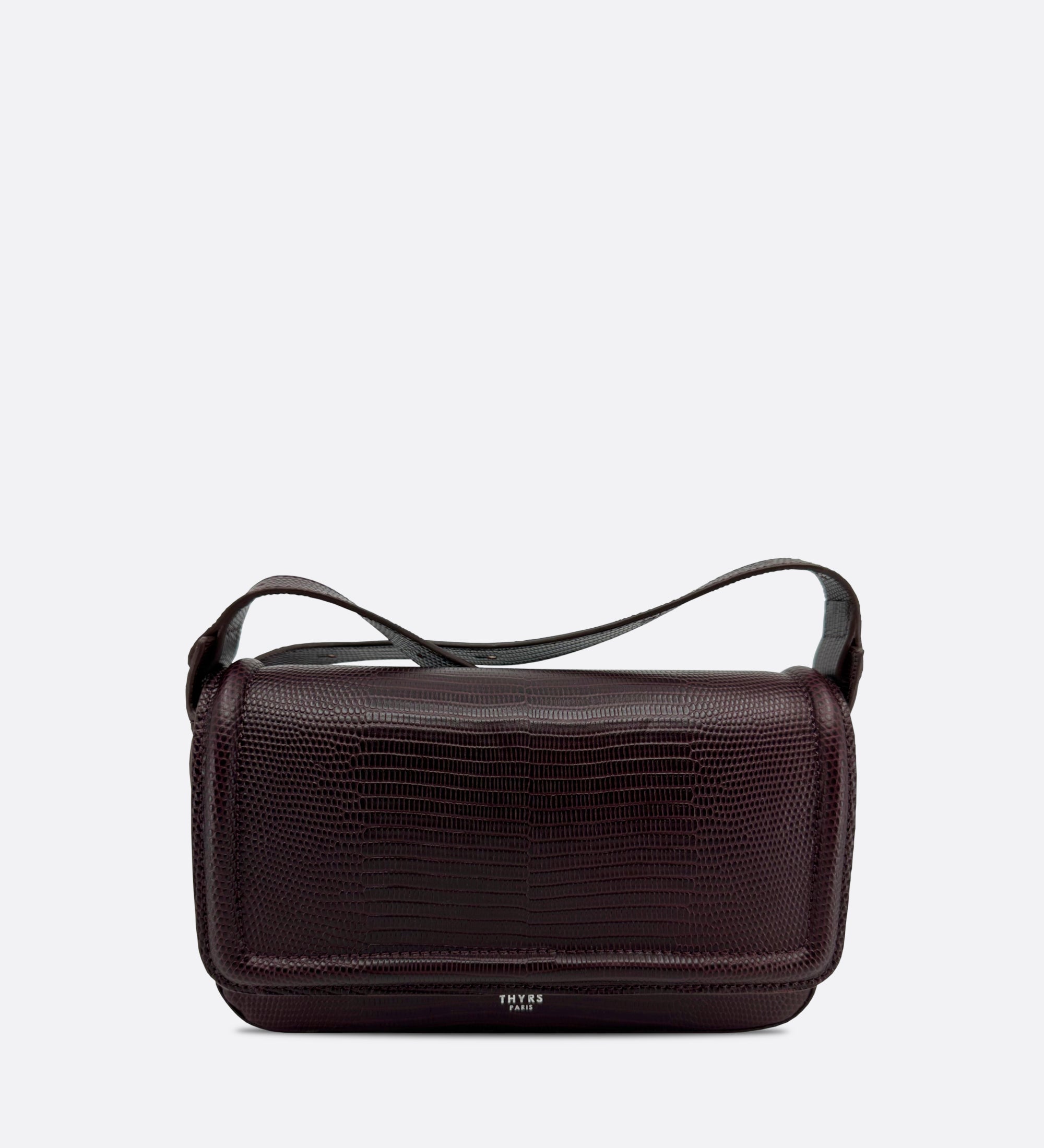 Sac Nine baguette en cuir embossé lézard coloris cassis, THYRS